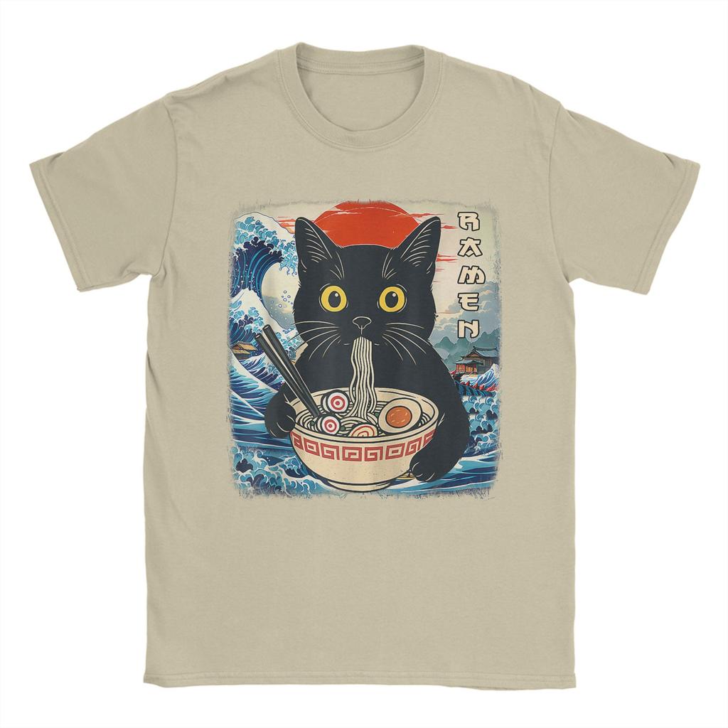 Funny Japanese Black Cat Ramen T-Shirt Men Crew Neck 100% Cotton T Shirts Kawaii Noodle Cat Short Sleeve Tees Birthday Gift Tops