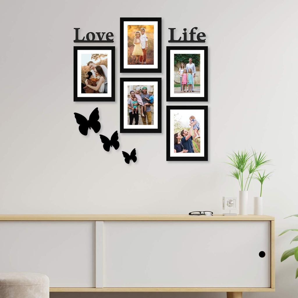 Set of 5 Photo Frames (6 X 8 Inch - 5) With Mount Paper & Love Life & 3 Butterfry Plaques.