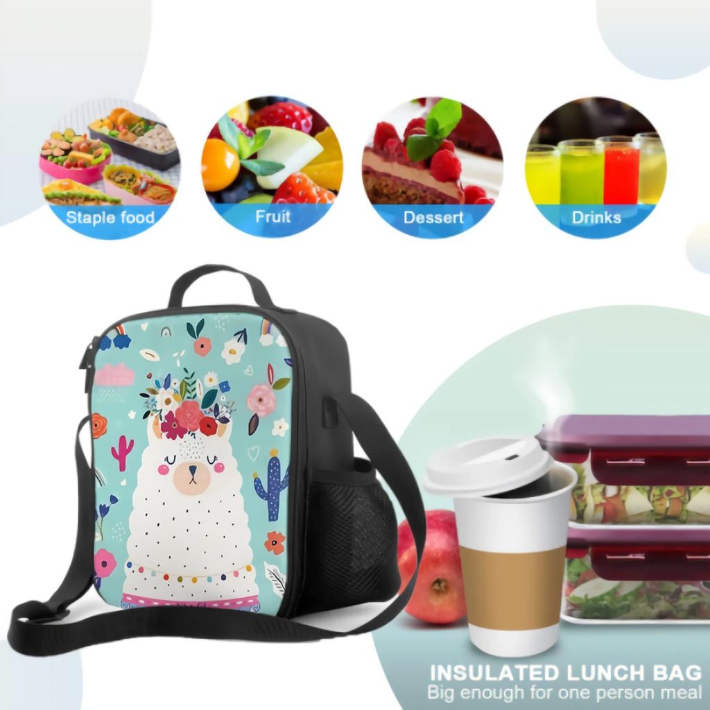 Alpaka Lama Mit Frühlingsblumenkranz Kaktus Isolierte Lunchbox Kühltasche Waschbar Auslaufsicher Tragbare Tragetasche