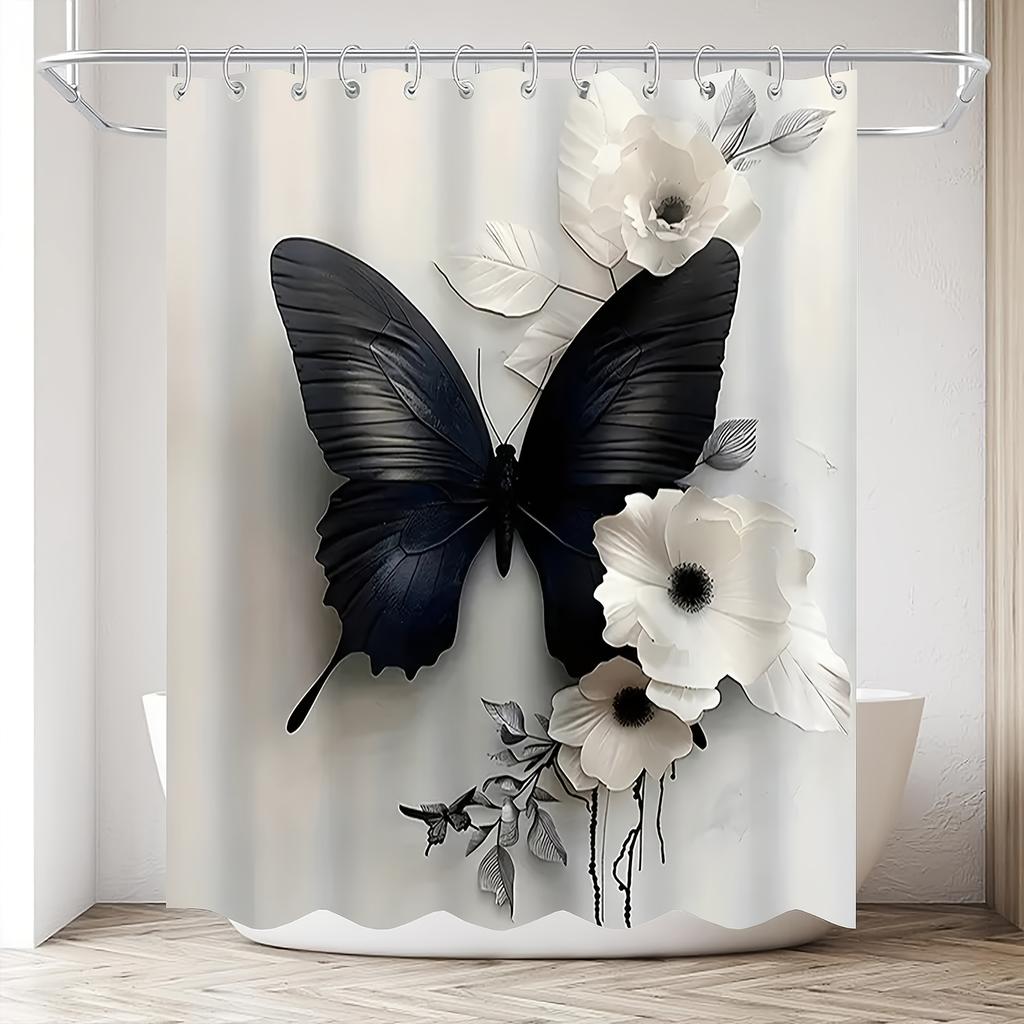 Elegant Simple Black Butterfly White Flower Art Bathroom Shower Curtain Waterproof Bathroom Decorative Shower Curtain