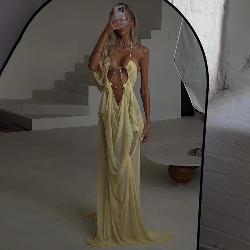 2025 Sommer Europäisches & Amerikanisches Netz Durchsichtiges Neckholder-Kleid: Sexy tief ausgeschnittener Urlaubsstil für Damen