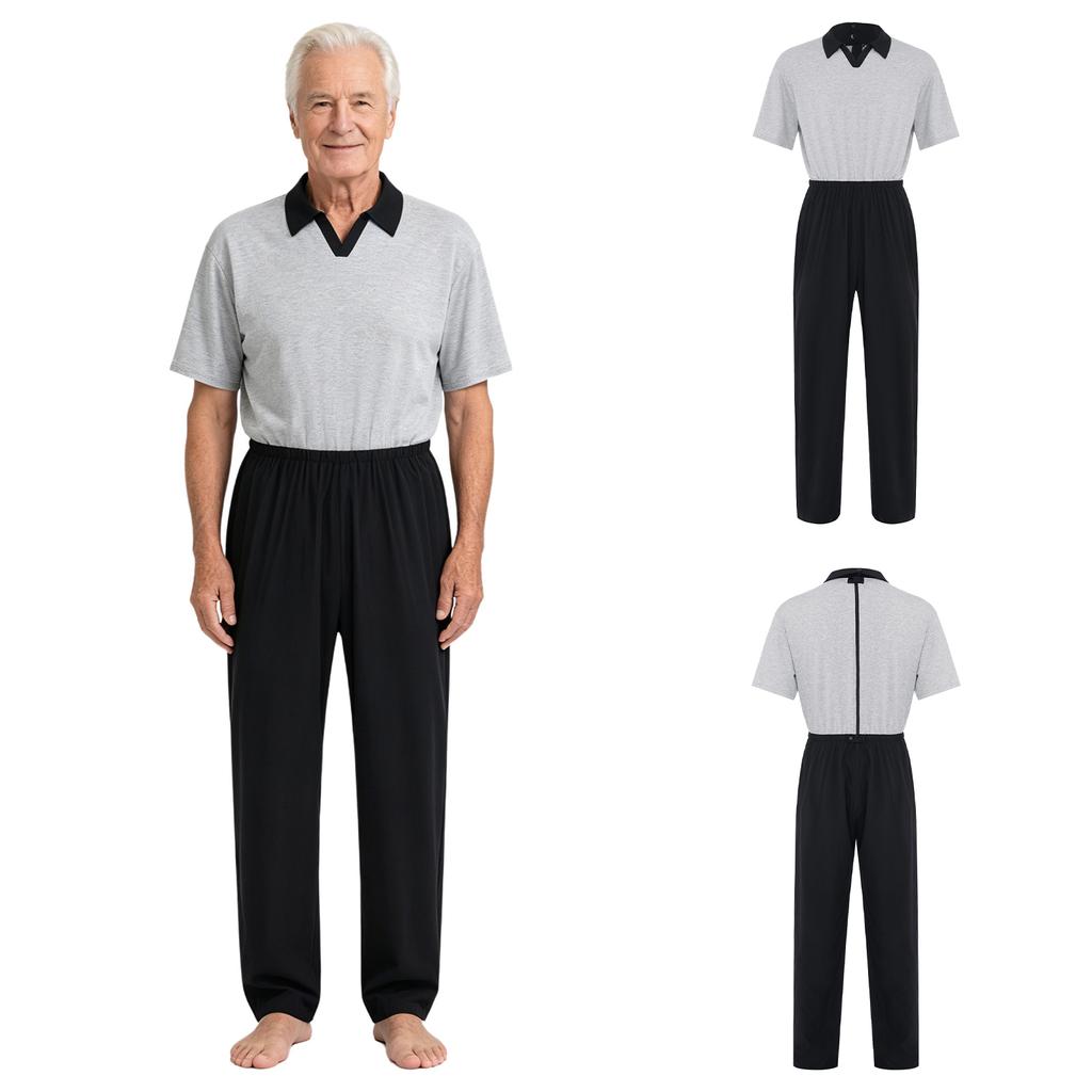 Mens Adaptive Anti-Strip Jumpsuit Lapel Short Sleeve Back Zip-up Pants Leg Zip One-piece Romper for Elderly Patient Care