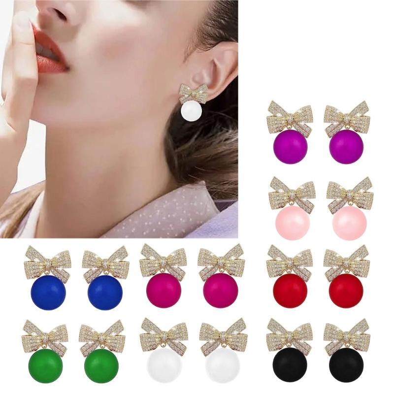 Exquisite Pearls and Diamond Dangle Earrings Charming Women' Bowknot Diamond Earrings Ornament Stylish Ear Studs Jewelry