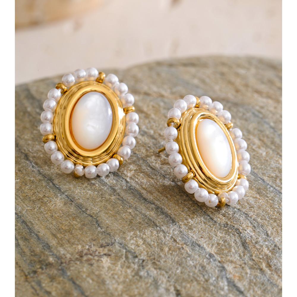 Eetit France Style Fashion Stainless Steel Stud Earrings Inlaid Thicker Natural Shell Stone Imitation Pearls Waterproof Jewelry