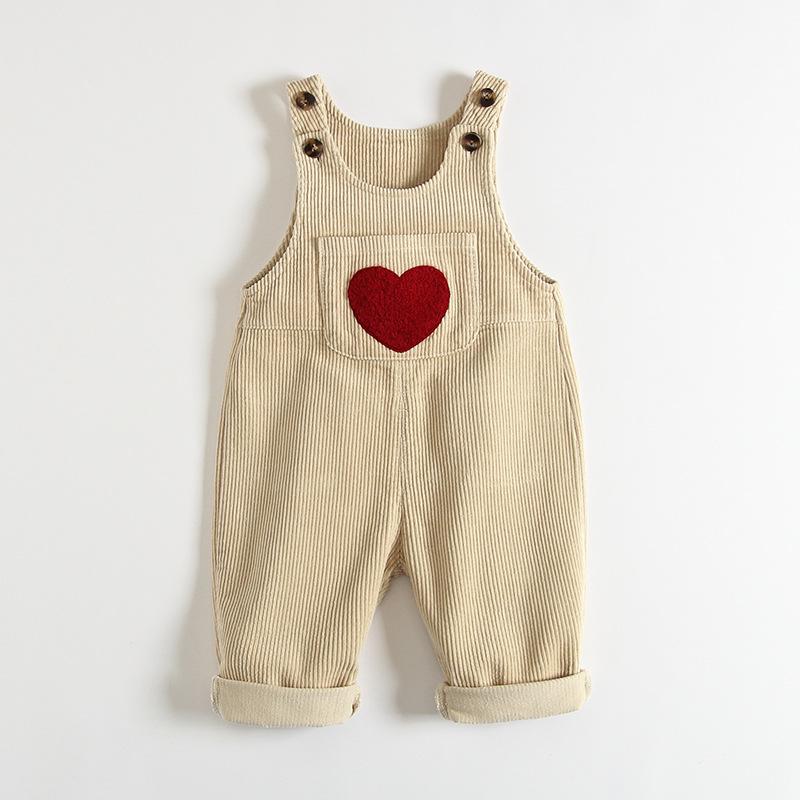 Korean-Style Kids Corduroy Overalls with Heart Embroidery - Unisex Jumpsuit 2026
