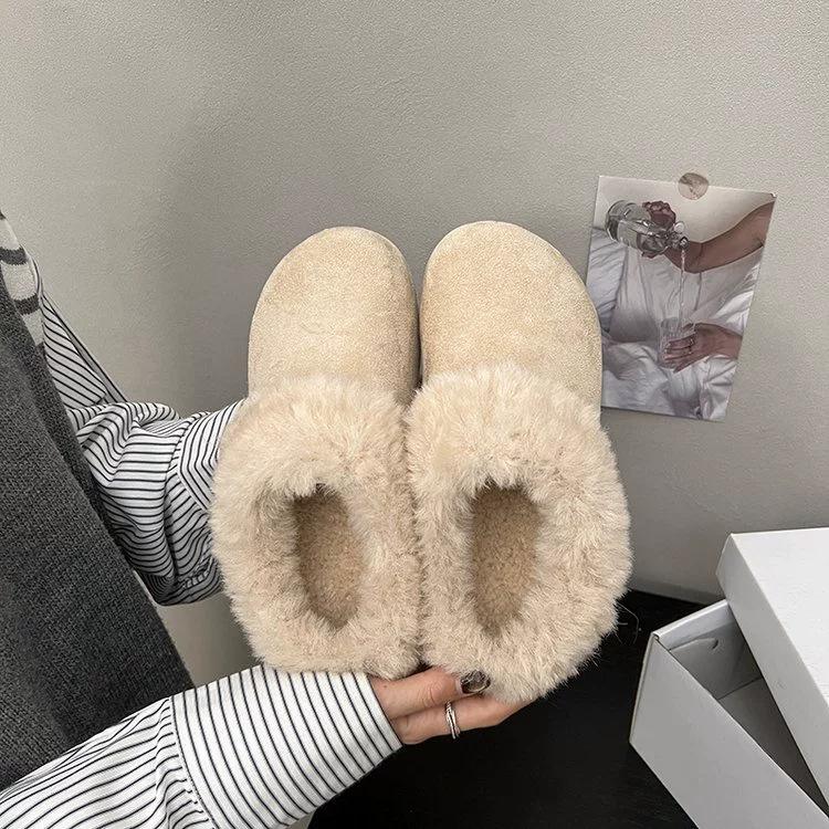 Autumn and winter cotton shoes matte new retro thick-soled lazy people wear fluffy tows with one pedal and two.