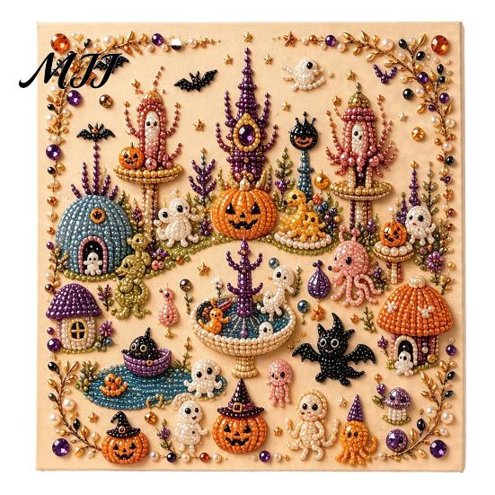 Zestaw Artystyczny z Sztucznymi Perłami Halloweenowy Zestaw DIY, Zestaw do Haftu 3D Koralikami, Upiorny Projekt Relaksujący Stres Duch Koza Wiedźma Sztuka Ścienna, Sezonowa Dekoracja Domu