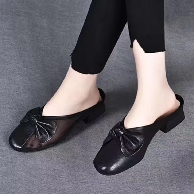 women fashion yellow round toe bow tie spring slip on square heel shoes lady classic black mesh breathable shoes ab640
