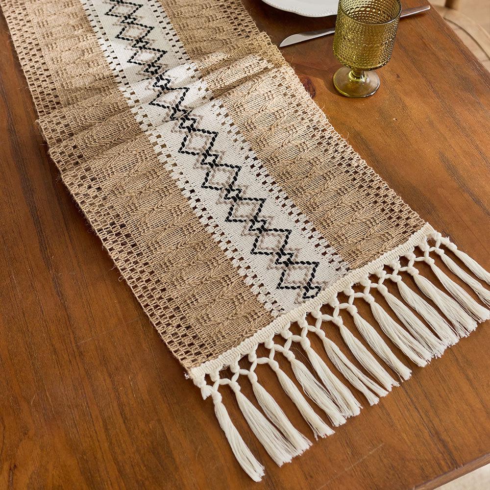 

Скандинавская хлопково-льняная скатерть-дорожка с цветным блоком, кистями из макраме – Длинная декоративная ткань для гостиной, тумбы под телевизор и журнального столика. 30x50