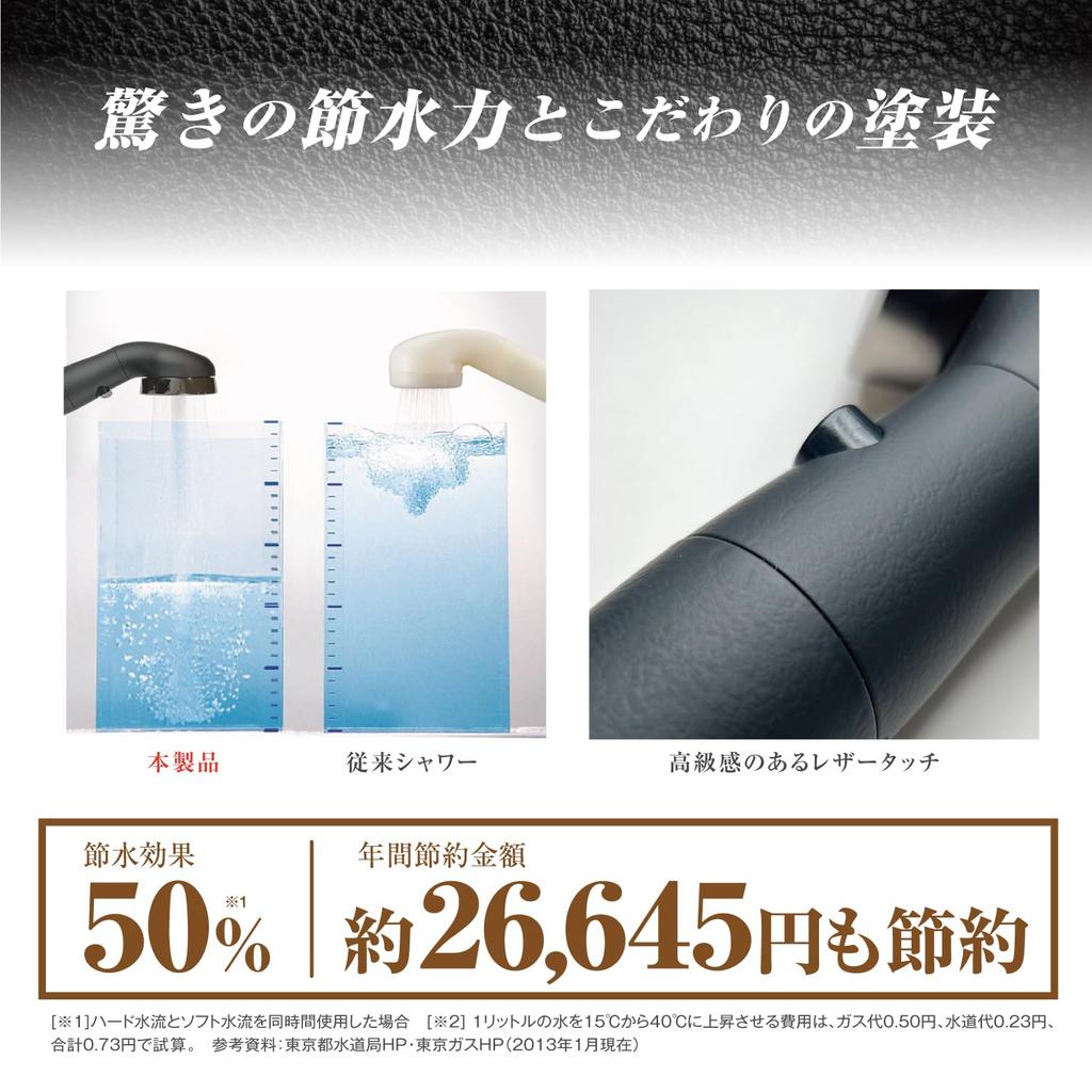 Arromic Shower Head, Water Saving, High Water Pressure, Water Stop Button, Leather Touch, Black, Made In Japan, ASB-LT-BK