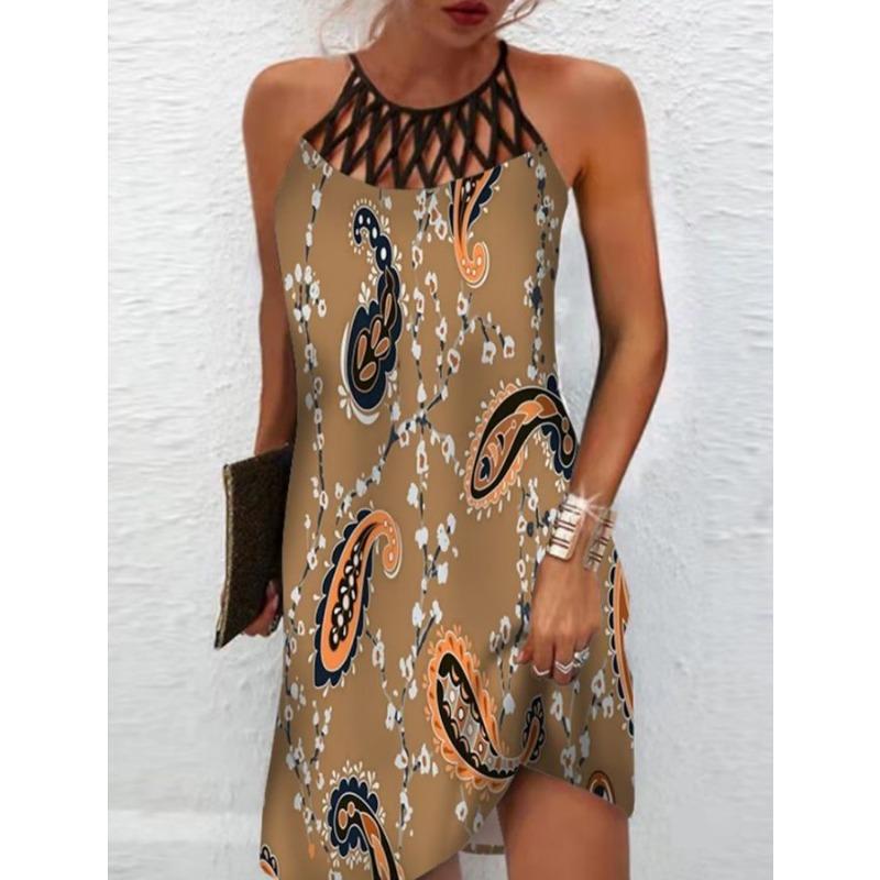 VEZFAA Women's Fashion Summer Spring Colour Block Print Sleeveless Middle Waistline Casual Dresses