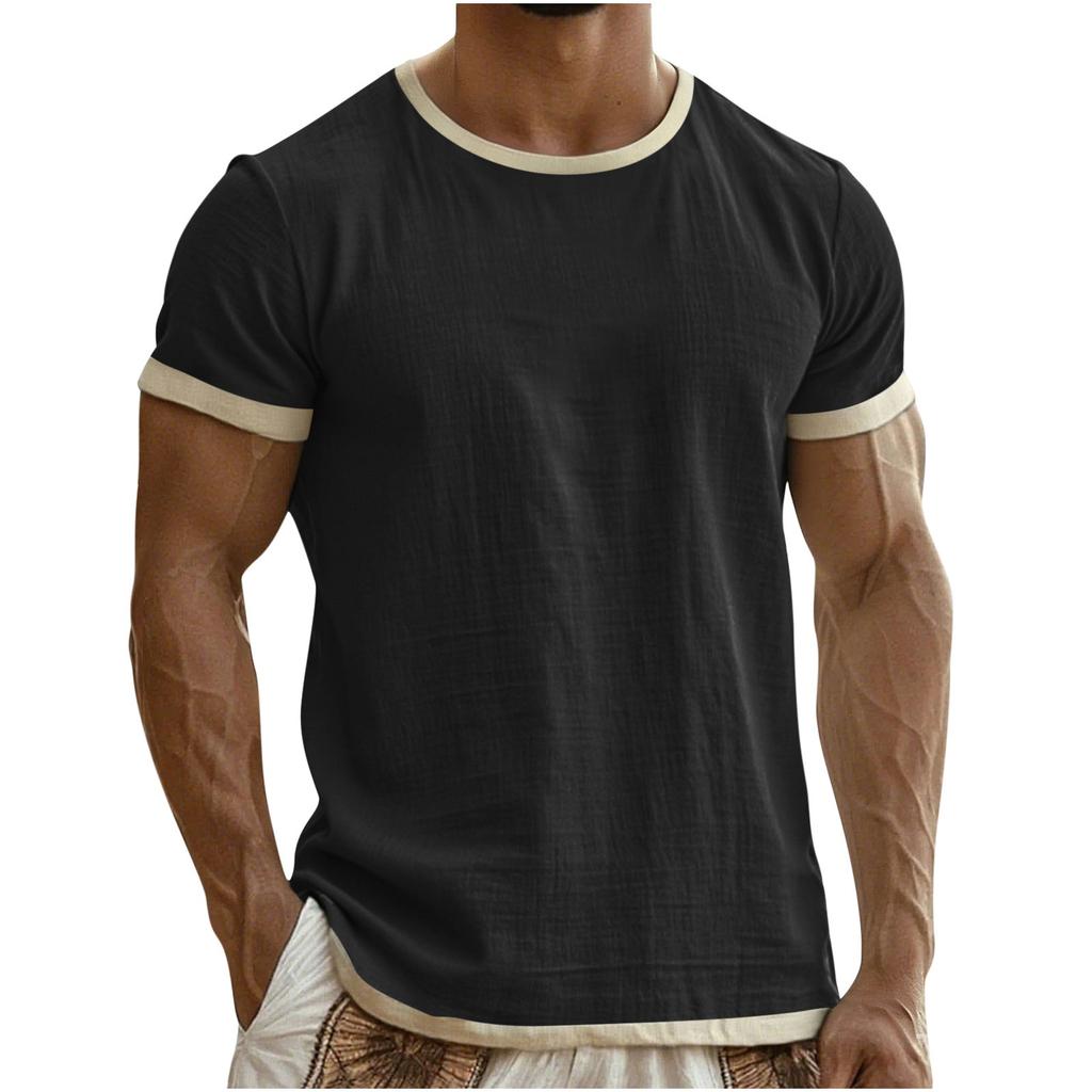 Men's Colorblock Cotton Linen Short Sleeve T-Shirt Lightweight Breathable Round Neck Casual Vacation Top