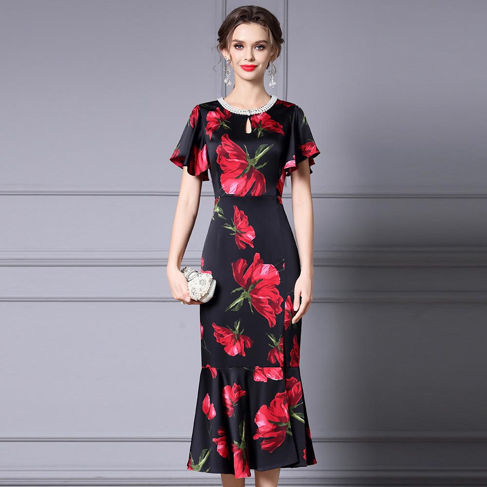 

Zhilimei Light Luxury 2025 Summer Pearl Collar Fishtail Dress for Women - Elegant Occasionwear Medium