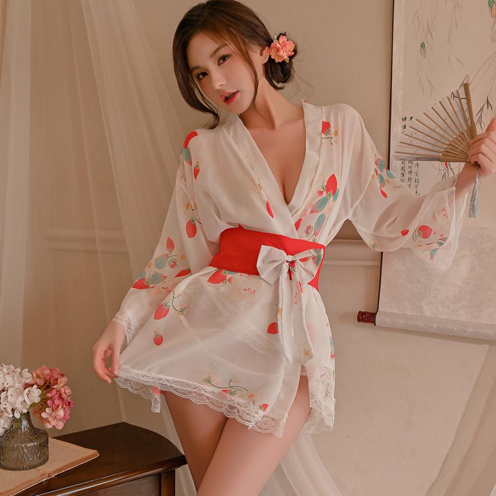 Women's Summer Sakura Kimono: Ice Silk V-neck Onsen Bathrobe & Sexy Print Nightgown