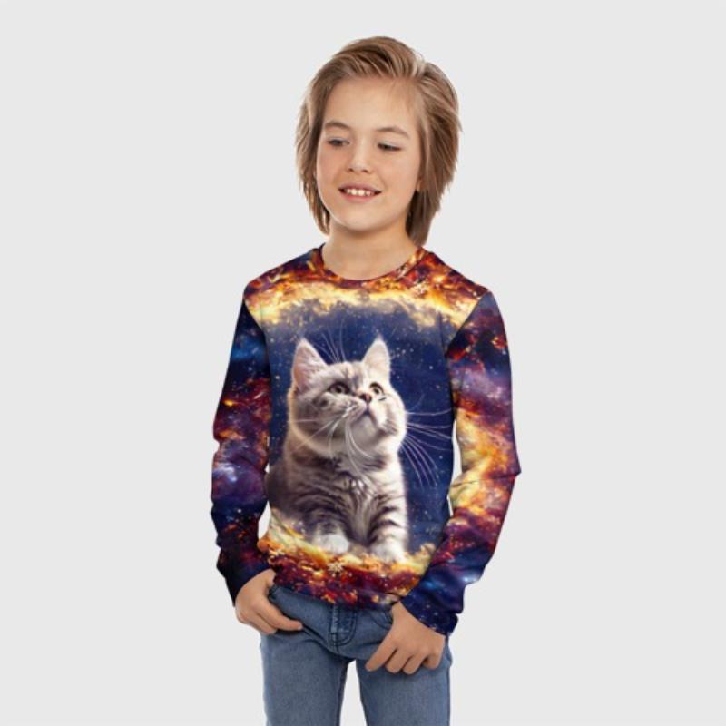Children's Cartoon Fox Kitten Printed Animal T-shirt Boys Cute Long Sleeved Soft Comfortable Top