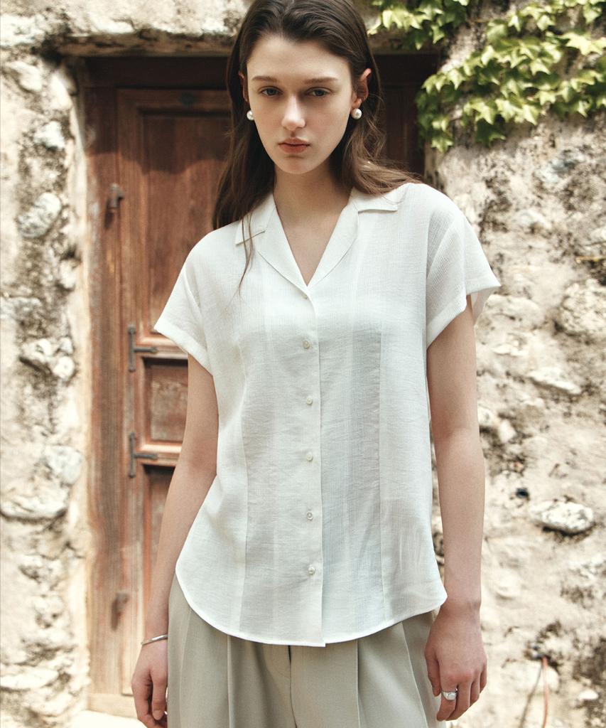 Siyajyu Sitp5292 Open Collar Retro Short Sleeve Shirt_White