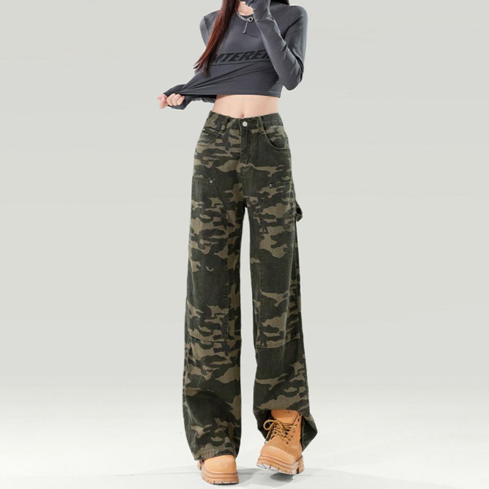 Street-Camouflage High-Waist Utility-Jeans Frühling und Herbst Neues Design Locker Gerade Mop-Jeans