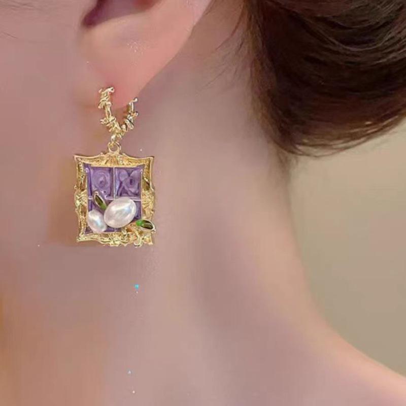 Baroque Purple Flower Pearl Tassel Earrings - Elegant Retro Ear Ornaments for Women