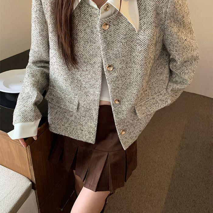 Xiaoxiangfeng Jacke Frühling und Herbst POLO-Kragen neue kurze Jacke kurzes Temperament Tweed-Oberteil