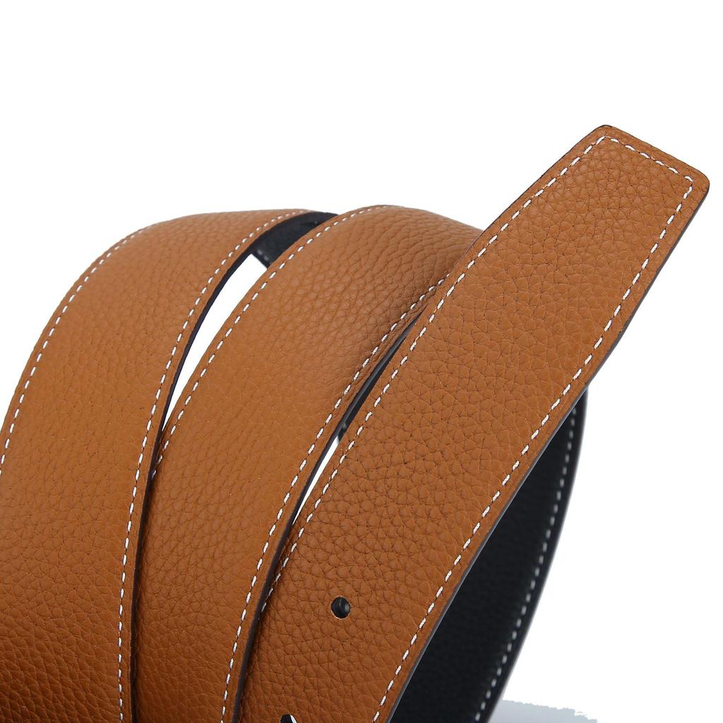 3.4" Wide Double-Sided Lychee Grain Cowhide Belt with White Lines and Perforations, All-Match Style, Top Layer Cowhide