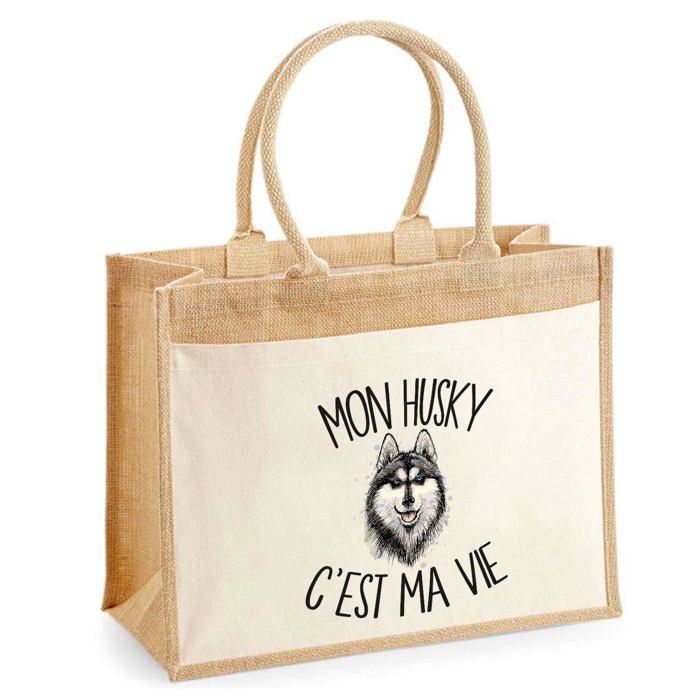 Sac de plage - PLANETEE - Jute avec poche Husky C'est la vie - Coton imprimé en France - 43x33 cm - Anses bandoulière