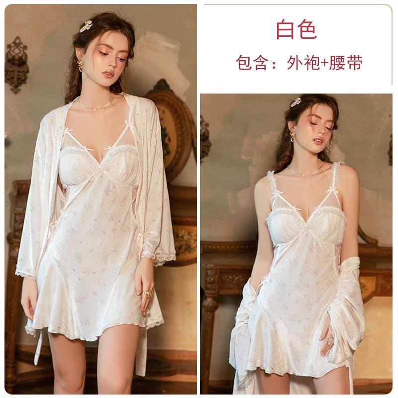 Women's Velvet Mesh Low Cut Push Up Removable Pads Sleep Dress with Robe Lounge Set