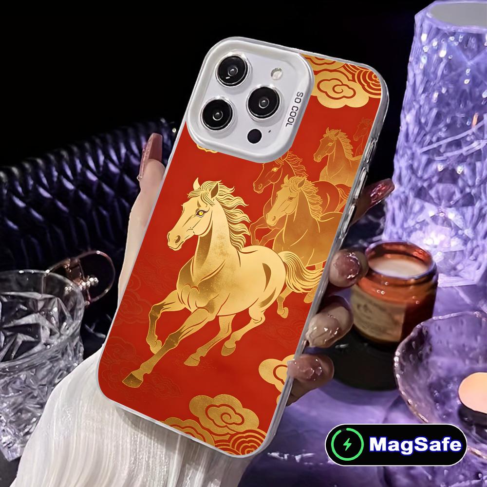 Golden Horse Year Mobile Phone Case for iPhone 17 16 15 14 13 12 11 X XR XS 8 7 Air Pro Max Plus White Translucent Cover