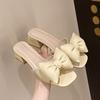 Summer New Slippers Women Wear Square Toe Open Toe Bow Block Heel Fairy Wind Non-slip One-word Sandal Slippers
