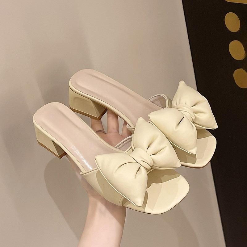 Summer New Slippers Women Wear Square Toe Open Toe Bow Block Heel Fairy Wind Non-slip One-word Sandal Slippers
