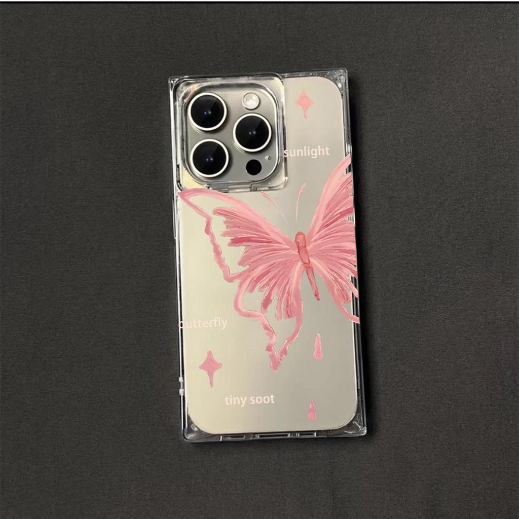 Square Back Tube Protection Clear Case For iPhone 13 11 16 ProMax 12 14 Pro Max 15 Plus Anti-Oxygen,Pink Butterfly Pattern Casing