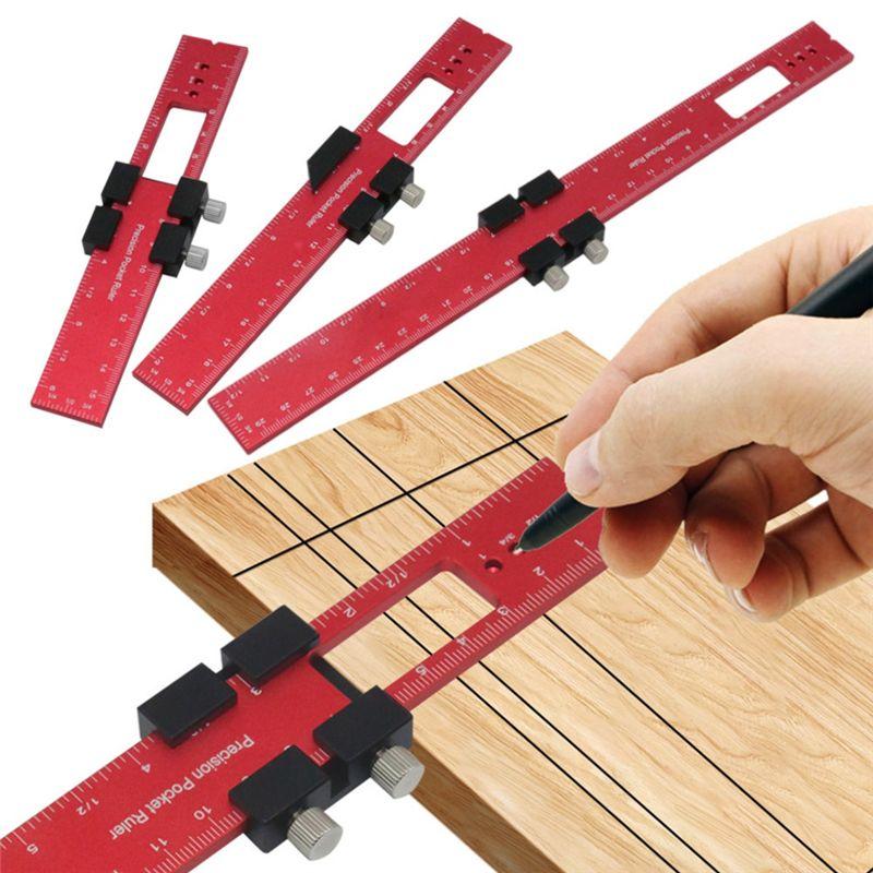 AEE2-Woodworking Tools Ruler - Pocket Ruler Layout Tool Aluminum Precision Ruler With T-Track Metal Slide Stops