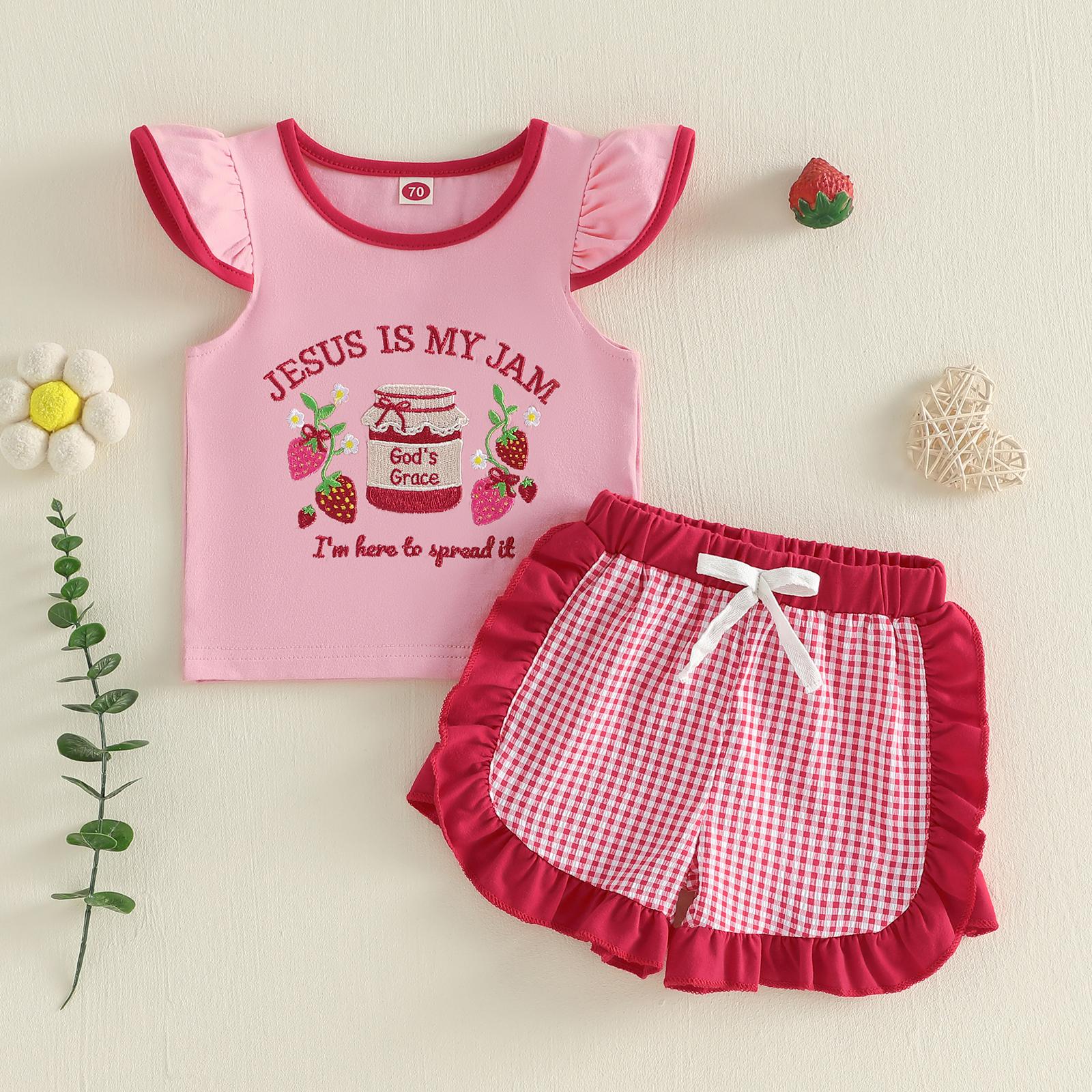 

Baby Girl Summer Outfit Strawberry Embroidered Flying Sleeve Tops and Ruffled Trim Plaid Shorts 2 Pcs Set 3-6M