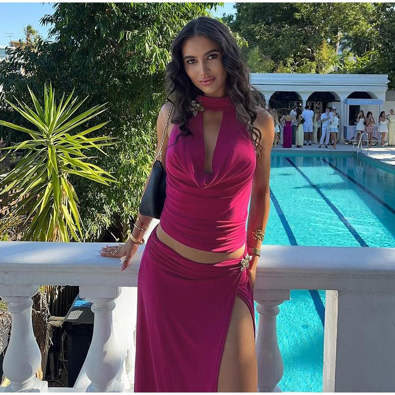 Sexy Metall Neckholder Top Röcke Damen Anzug Ausgeschnitten Rückenfrei Ärmellos Tank Hohe Taille Schlitz Midi Länge Rock Damen Outfits