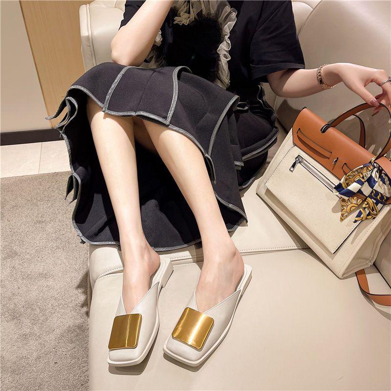 Square Toe Mules Shoes for Women Low Heel Woman Slippers Original New Fashion Slides On Offer Slip-resistant Easy Wears Sandals