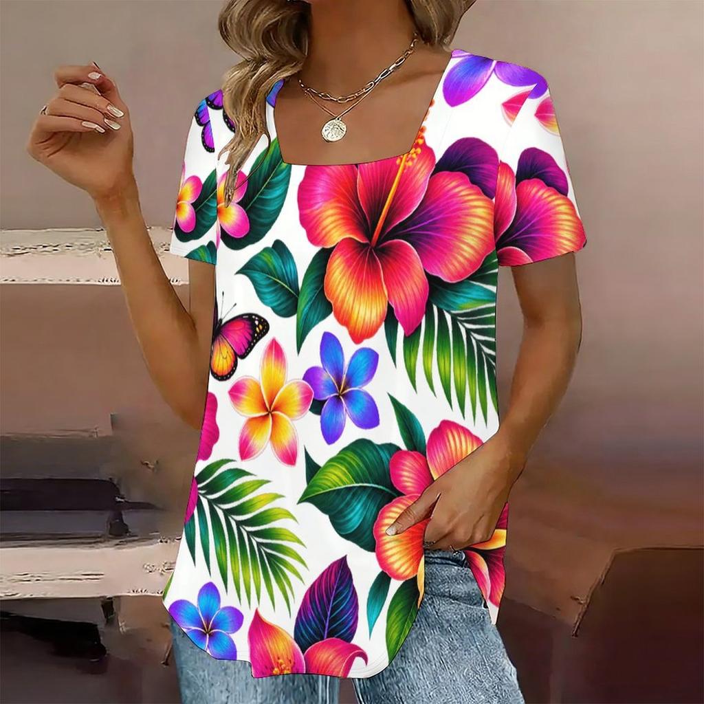 Women Plus Size U Neck Short Sleeve Tropical Floral Leaf Printed T Shirt Curved Hem Casual Tops