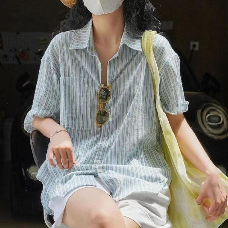 

Women Blue White Striped Shirt Turn Down Collar Short Sleeve Loose Fit Casual Blouse M синий