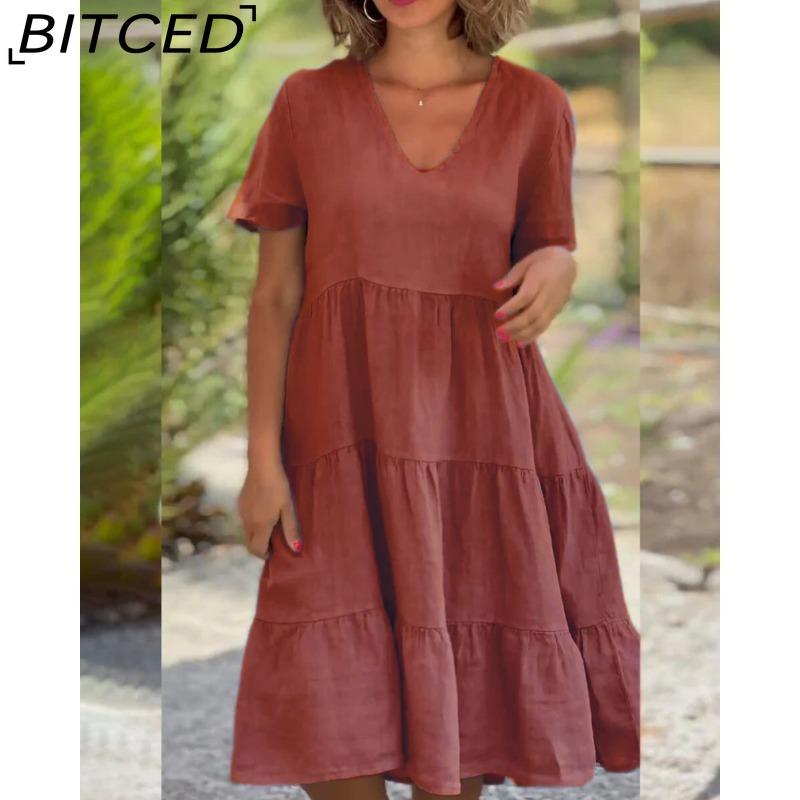 

BITCED Женская мода лето весна свежие и милые однотонные принты с коротким рукавом V-образным вырезом большие свободные повседневные платья XXXXXL кофейный