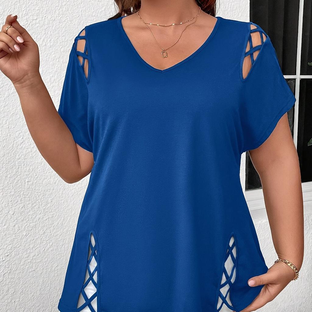 Women's Hollow-Out Design Top, Short Sleeve T-Shirt, V-Neck, Crisscross Straps