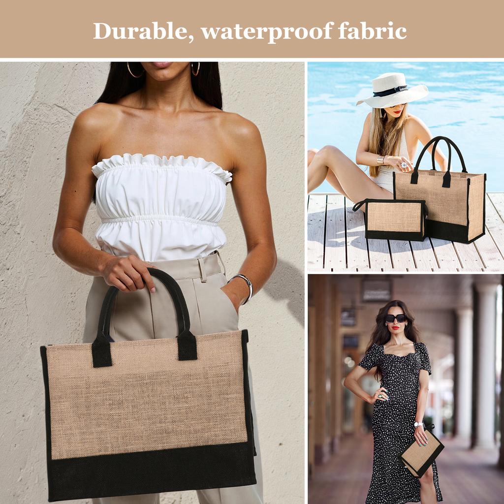 Women Jute Tote Bag Burlap Tote Bag Patchwork with Pouch Reusable Gift Tote Bag Commuting Bag for Wedding Birthday Holiday