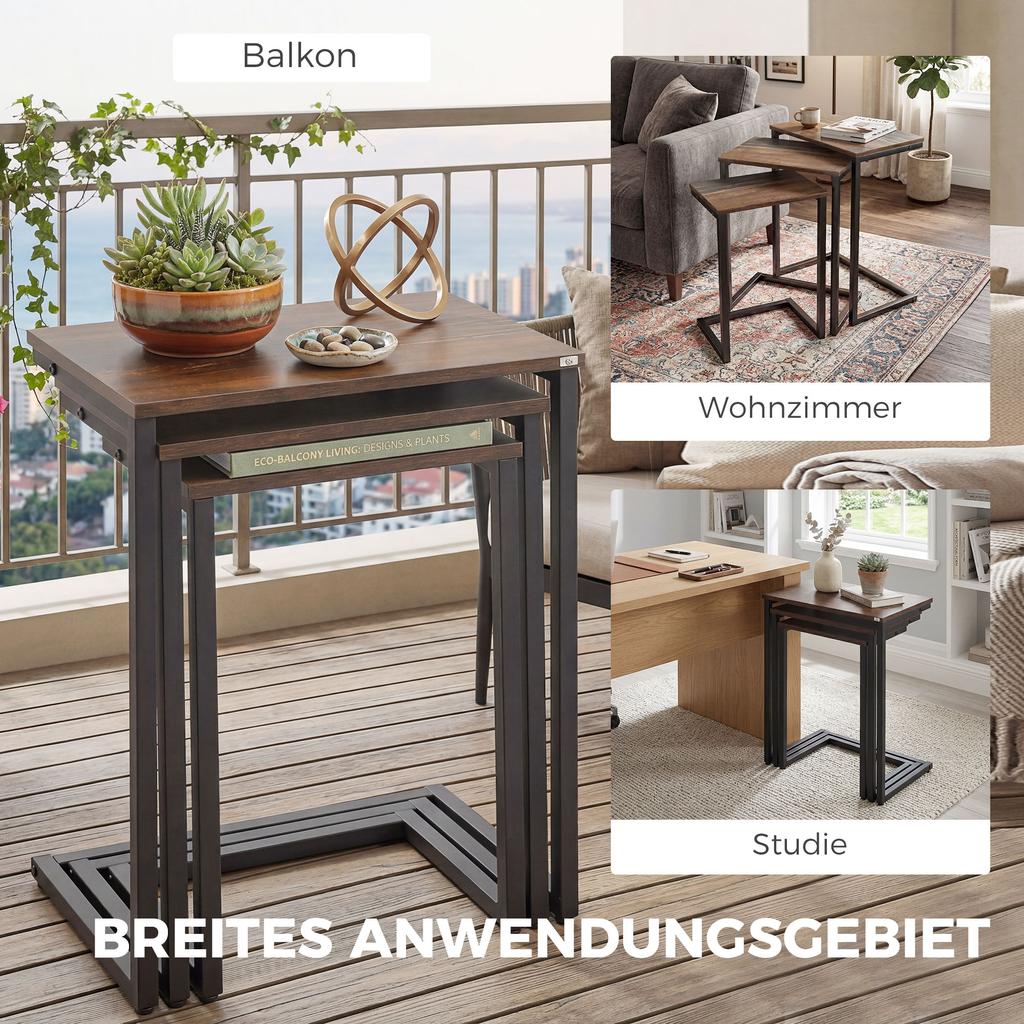 Nesting Side Tables Set of 3, C-Shaped Snack Side Tables with Steel Frame for Sofa Couch and Bed, Rustic Brown