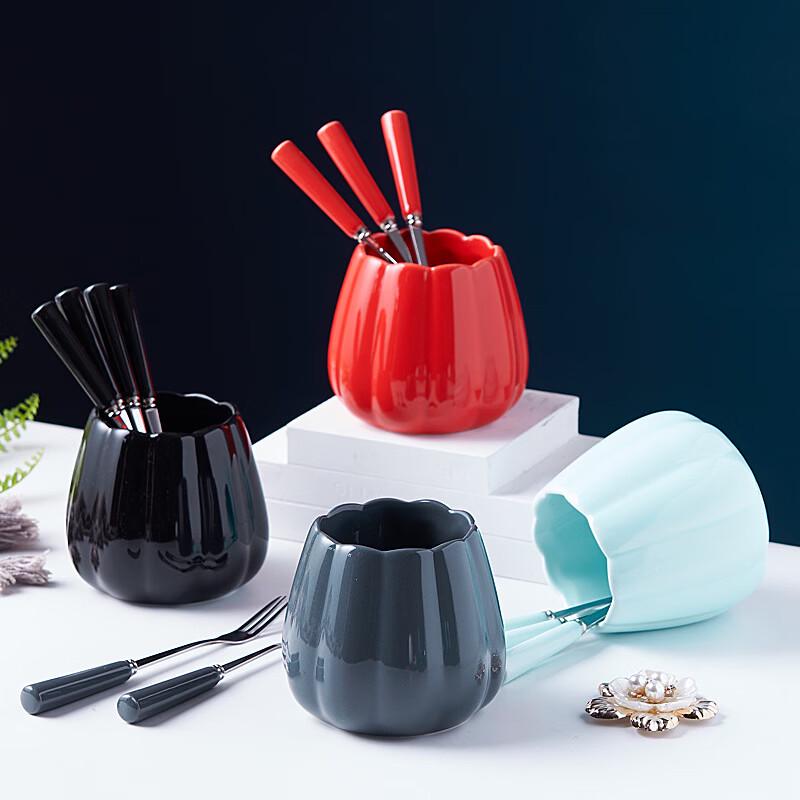 Zhi Shi Stainless Steel Fruit Fork Set with Ceramic Holder