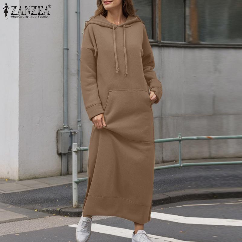ZANZEA Damen Casual Langarm Herbst Hoodies Sweatshirt Kleid