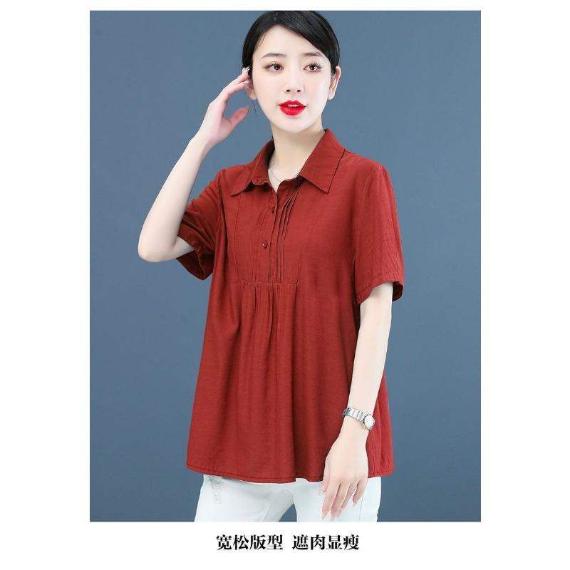Women's Solid Color Pleated Blouse Turn-Down Collar Short Sleeve Loose Casual Toppatchwork