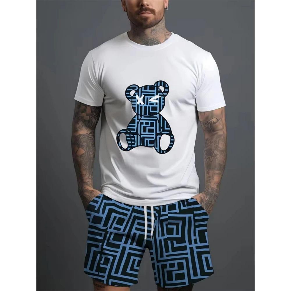 Men's Daily Casual Set Outdoor Casual Men's Beach Shorts Urban Trend Bear Print Short Sleeved T-shirt Lightwe