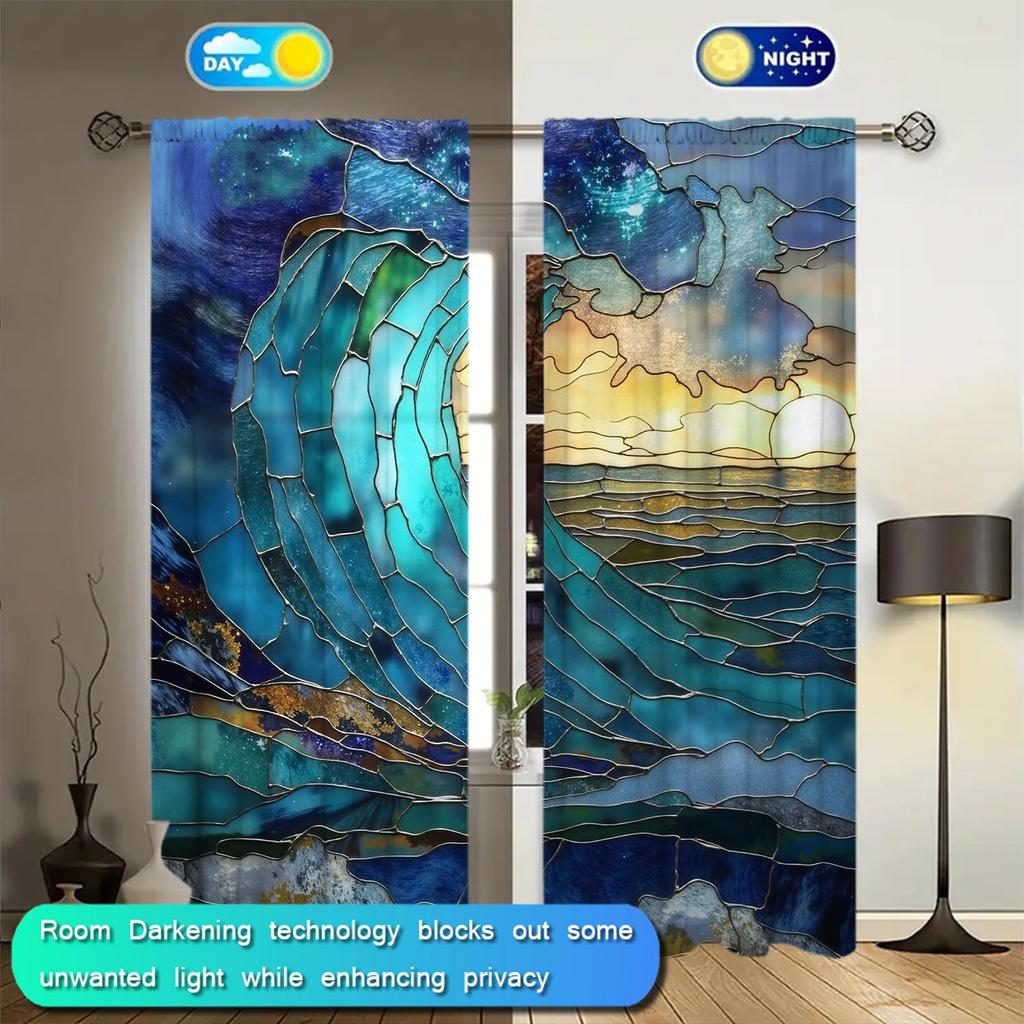 2 Panels Stained Glass Wave Pattern Decorative Curtains   Semi Transparent Without Lining   Durable Polyester Fiber Curtains