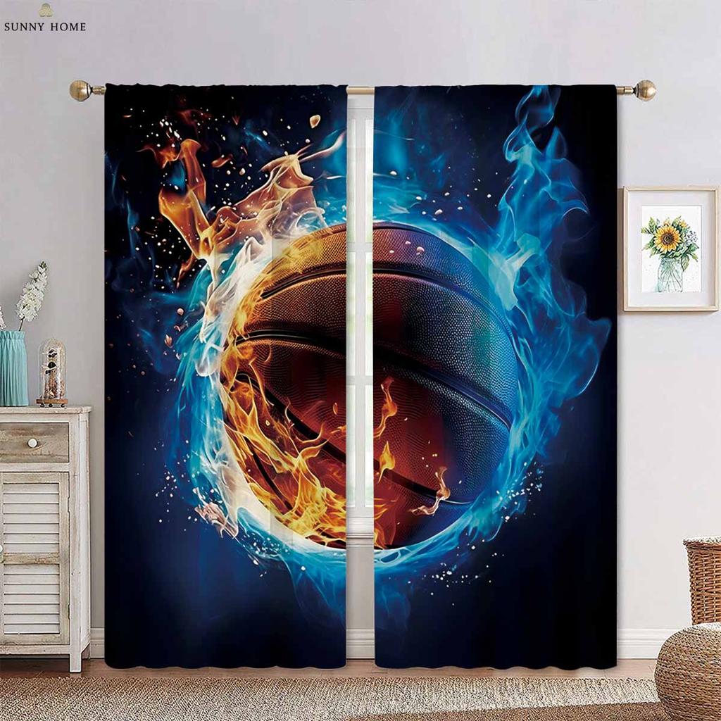 Wasser Feuer Basketball Cool Sport 3D Gedruckter Vorhang Stangentasche Jungen Mädchen Zimmer Wohnzimmer Küche Dekorative Vorhänge 2 Stück