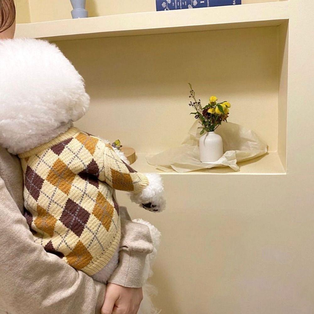 

Регулируемая милая одежда для щенков с узором в клетку зимнее вязаное пальто для собак/кошек M