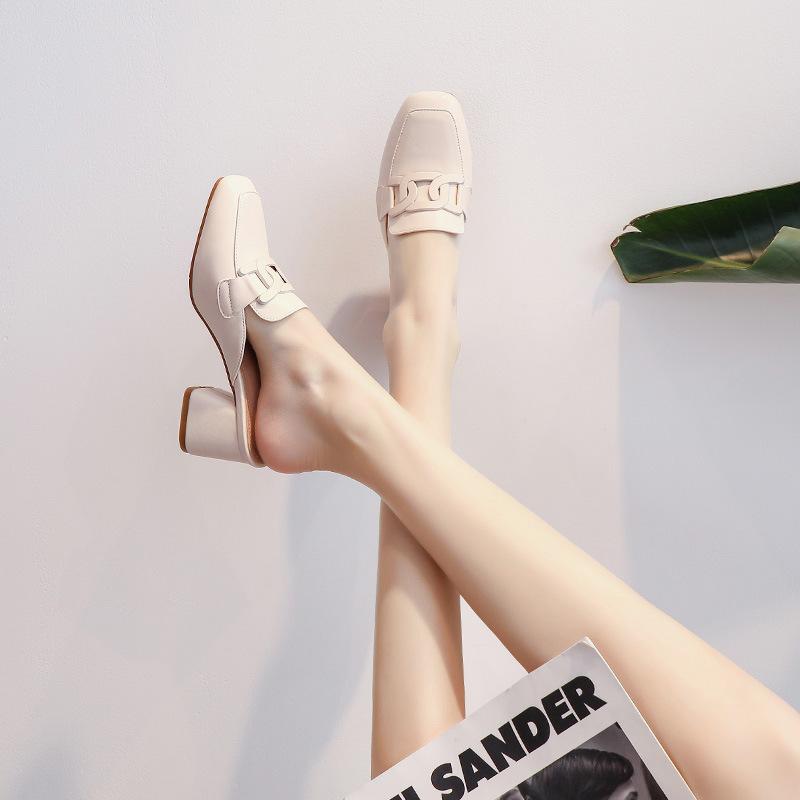 676-19 Half-drag women's outer wear 2025 summer new French lazy muller shoes high-heeled small leather shoes