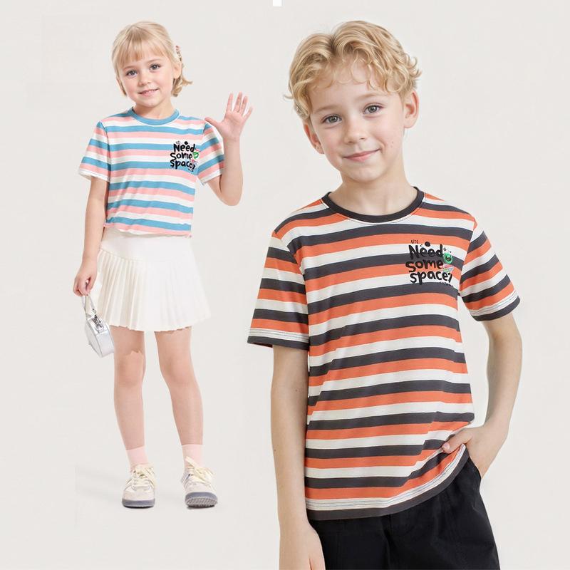 Kız Çocukları İçin Uyumlu Çizgili Kısa Kollu Tişört Çocuk Yazlık Nefes Alabilen Üst Yazılı