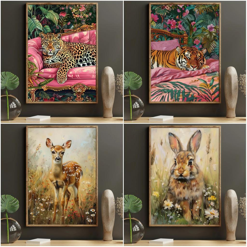 Print Leopard Tiger Sleep On Bed Painting Deer Rabbit In Flowers Poster Home Decoration Pop Lovely Wildlife Wall Art Canvas